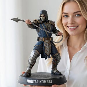 May include: A detailed statue of a character from Mortal Kombat, featuring a blue and black outfit, a hood, and a spear attached to a chain. The base of the statue is black and has the words "MORTAL KOMBAT" in white.