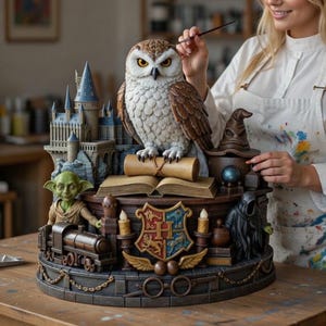 May include: A detailed sculpture featuring a large owl, Hogwarts castle, and other iconic elements. The sculpture includes a train, a sorting hat, and a crest. The colour palette includes shades of brown, white, and blue.