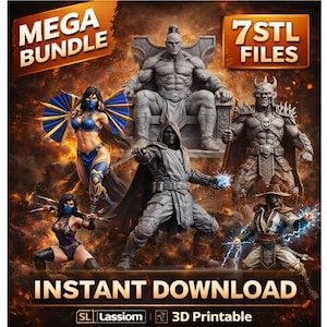 Puede incluir: Imagen de arte digital que presenta un "MEGA BUNDLE" de archivos STL imprimibles en 3D. La imagen muestra varios personajes de fantasía, incluyendo una figura musculosa en un trono, una figura con túnica y guerreras. También se ve el texto "DESCARGA INSTANTÁNEA".