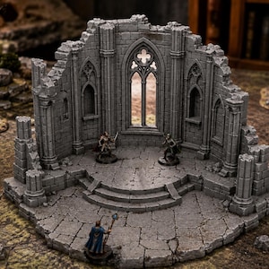 May include: A grey stone ruin miniature featuring a semi-circular wall with arched gothic windows and a cracked flagstone floor. Four small painted fantasy figurines are positioned on and around the elevated platform of the structure.