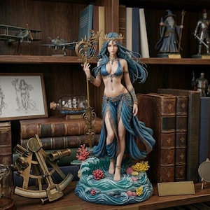 Könnte beinhalten: Detaillierte Figur einer Meerjungfrau mit langen blauen Haaren, die ein blaues Bikini-Oberteil und eine fließende Hose trägt. Sie hält einen goldenen Stab und steht auf einem Sockel, der Ozeanwellen und Korallen darstellt. Die Figur wird auf einem Bücherregal ausgestellt.