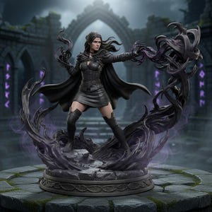 May include: A detailed statue of a woman in a black outfit, cape, and boots, surrounded by dark, swirling energy with purple accents. The figure is posed in a dynamic stance on a circular base, set against a blurred background of an ancient structure.