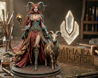 Hechicera Cornuda STL: Miniatura de druida tiefling, figura de diosa fantástica, diorama 3D de Ram Companion