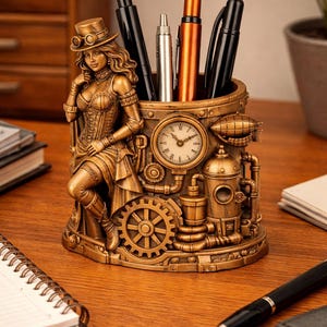 Könnte beinhalten: Ein Stifthalter im Steampunk-Stil in Bronzetönen. Er zeigt eine weibliche Figur in Korsett und Hut, die sich an einen zylindrischen Behälter mit Zahnrädern, einer Uhr und einem Luftschiff lehnt. Der Halter enthält mehrere Stifte.