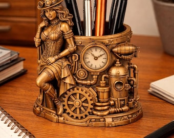 Portalápices Steampunk STL: Organizador de escritorio victoriano femenino, decoración de escritorio con engranajes de relojería