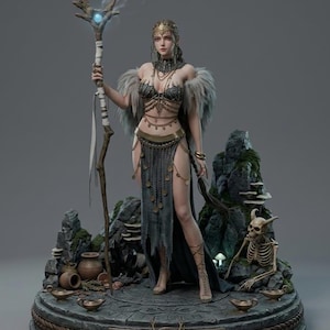 May include: A detailed fantasy figurine of a woman in ornate attire, holding a staff with a glowing orb. The figure stands on a stone base with runes, surrounded by miniature rocks, pots, and a skeleton. The woman wears a dark outfit with gold accents.