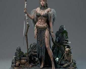 Chamaneza druida oscura STL: Miniatura 3D de nigromante femenina gótica, figura de diorama de bruja de hueso