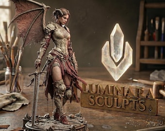 Ángel Caído STL: Miniatura de Guerrera Súcubo de una sola pieza, Figura de Fantasía Oscura de Demonio Femenino Alado