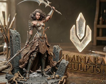 Segadora femenina impresa en 3D STL, guerrera con guadaña de fantasía oscura, miniatura gótica de mesa de 75 mm