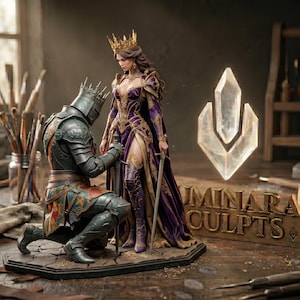 May include: A detailed sculpture of a knight kneeling before a queen, both adorned in regal attire. The queen wears a purple and gold gown and a crown. The knight is in full armor. The sculpture is on a wooden base, with the text "LUMINARA SCULPTS".