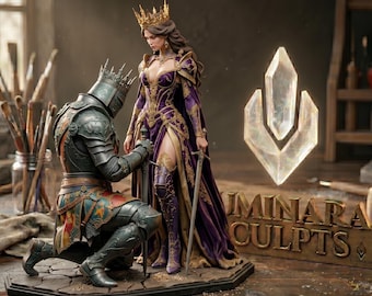 Caballero y reina arrodillados STL: Diorama del juramento de fidelidad, miniatura 3D de fantasía medieval de una sola pieza.