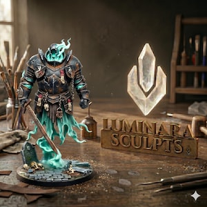 May include: A detailed miniature sculpture of a spectral knight in dark armor with a glowing teal head and ethereal lower body. The knight holds a sword and stands on a base with a tombstone. The sculpture is next to a sign that reads "Luminara Sculpts".