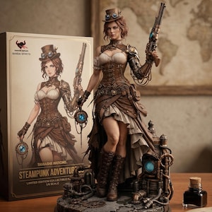 Peut inclure: Figurine détaillée sur le thème steampunk d'une femme en corset marron, jupe et bottes, tenant un pistolet et un globe lumineux. La figurine est sur une base détaillée avec des éléments mécaniques. Une boîte avec la même image est visible.