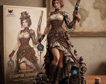 Figura Steampunk femenina STL: Miniatura 3D de chica con gafas mecánicas, figura de rol victoriana Aether.