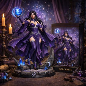 Puede incluir: Una figura de hechicera púrpura sosteniendo un orbe azul brillante, de pie sobre una base de media luna con cristales azules. La figura lleva un largo vestido y botas moradas. Una caja con la misma imagen y la palabra "SORCERESS" está al lado.