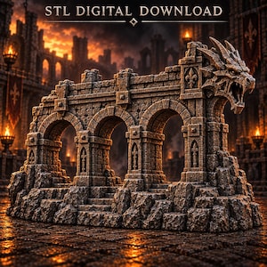Può includere: Un modello architettonico con texture in pietra caratterizzato da tre archi e una scultura a testa di drago su un'estremità. La struttura include intagli a giglio e una base rocciosa. Il testo 'STL DIGITAL DOWNLOAD' è visibile in alto.