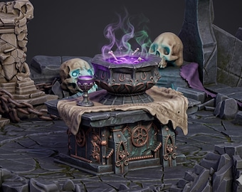 Altar de caldero de bruja STL: Santuario ritual oscuro en miniatura 3D, terreno gótico disperso, fuente mágica