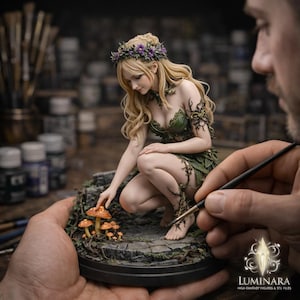 Peut inclure: Figurine détaillée d'une femme vêtue d'une robe verte en forme de feuille et d'une couronne de fleurs violettes, agenouillée près de champignons orange. La figurine est tenue dans les mains d'une personne, avec un pinceau à proximité. La base est une surface en forme de pierre.