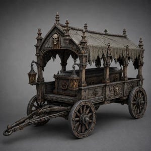 May include: A dark, weathered wooden funeral carriage featuring a canopy with tattered fabric, ornate gothic architectural details, and skull carvings. The carriage includes a central casket, hanging lanterns on the sides, and four spoked wheels.