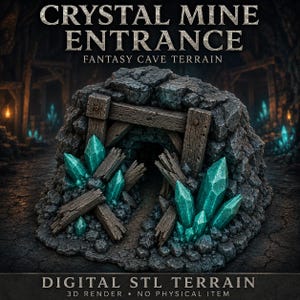 May include: A digital 3D model of a crystal mine entrance featuring a dark rocky cave opening reinforced with weathered wooden beams and clusters of sharp, translucent teal crystals protruding from the surrounding stone terrain.