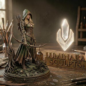 Può includere: Scultura dettagliata di un'arciere con un abito verde con cappuccio, che tiene un arco e una freccia. La figura è su una base con un teschio e radici di alberi. La scultura è accanto a un cristallo luminoso e a un cartello con la scritta "Luminara Sculpts".
