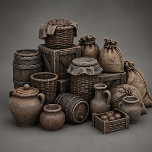 Può includere: Una collezione di pezzi di terreno da gioco fantasy in miniatura che include barili in legno marrone, cesti intrecciati, sacchi di iuta legati con corda, casse di legno, vasi in stile ceramica con coperchio, una piccola brocca e una cassa piena di frutti rotondi.