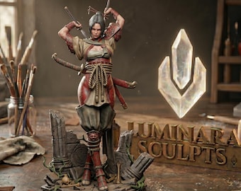 Figura de samurái femenina impresa en 3D (STL), guerrera de fantasía oscura, miniatura de kunoichi para mesa de 75 mm.