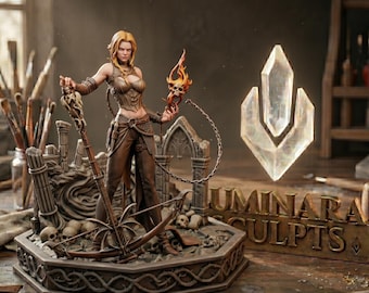 Modelo de diorama de nigromante gótica para juegos de rol de mesa, miniatura STL de 75 mm de cazadora femenina de fantasía oscura.