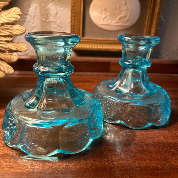 Blue Depression Glass Candleholder Pair