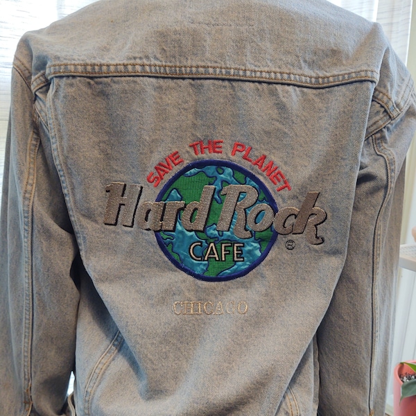 Vintage 90s Save the Planet Hard Rock Café Chicago Light Wash Jean Jacket - Small with Embroidered Back Logo