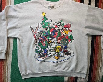 Vintage '90's Looney Tunes Christmas Holiday Graphic Sweatshirt Heather Gray - Size XL