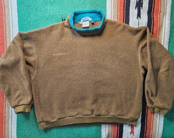 Vintage '90s Columbia Sportswear Fleece Mock Neck Sweatshirt in Brown & Teal - Men's Large