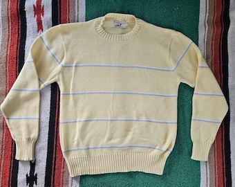 Vintage '80s Winona Knits Crew Sweater in Butter Yellow with Grey & White Stripes - Men's Medium