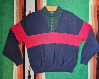 Vintage 90s Land's End Colorblock Henley Sweater, Men’s XL