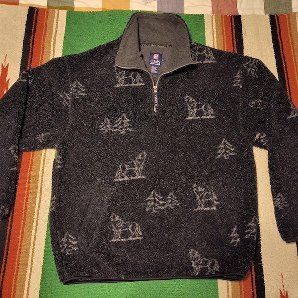 Vtg 90s Chaps Ralph Lauren Wolf & Pines Oversize Pullover Half Zip - Sherpa Fleece