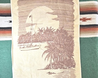 Vintage '80s Hawaii Beach Towel Palm Tree Sunset Graphic Butter Yellow Sherry Miami Cotton