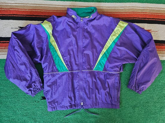Asics, Vintage 90s ASICS Windbreaker Jacket Neon Purple Teal Green Colorblock Nylon Track Jacket