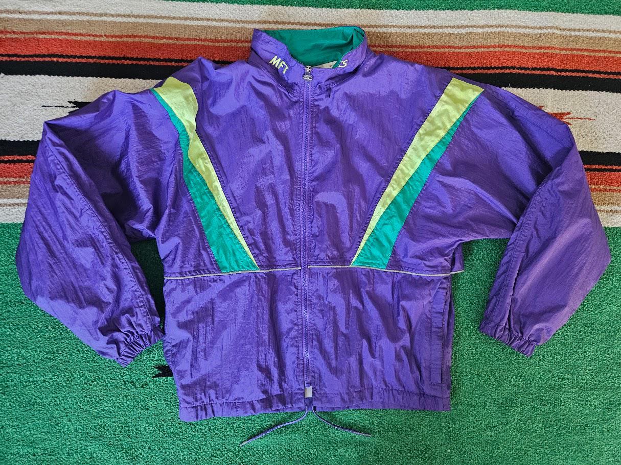 Asics, Vintage 90s ASICS Windbreaker Jacket Neon Purple Teal Green Colorblock Nylon Track Jacket