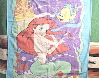 Vintage '90s Disney The Little Mermaid Graphic Beach Towel with Ariel, Flounder, & Sebastian