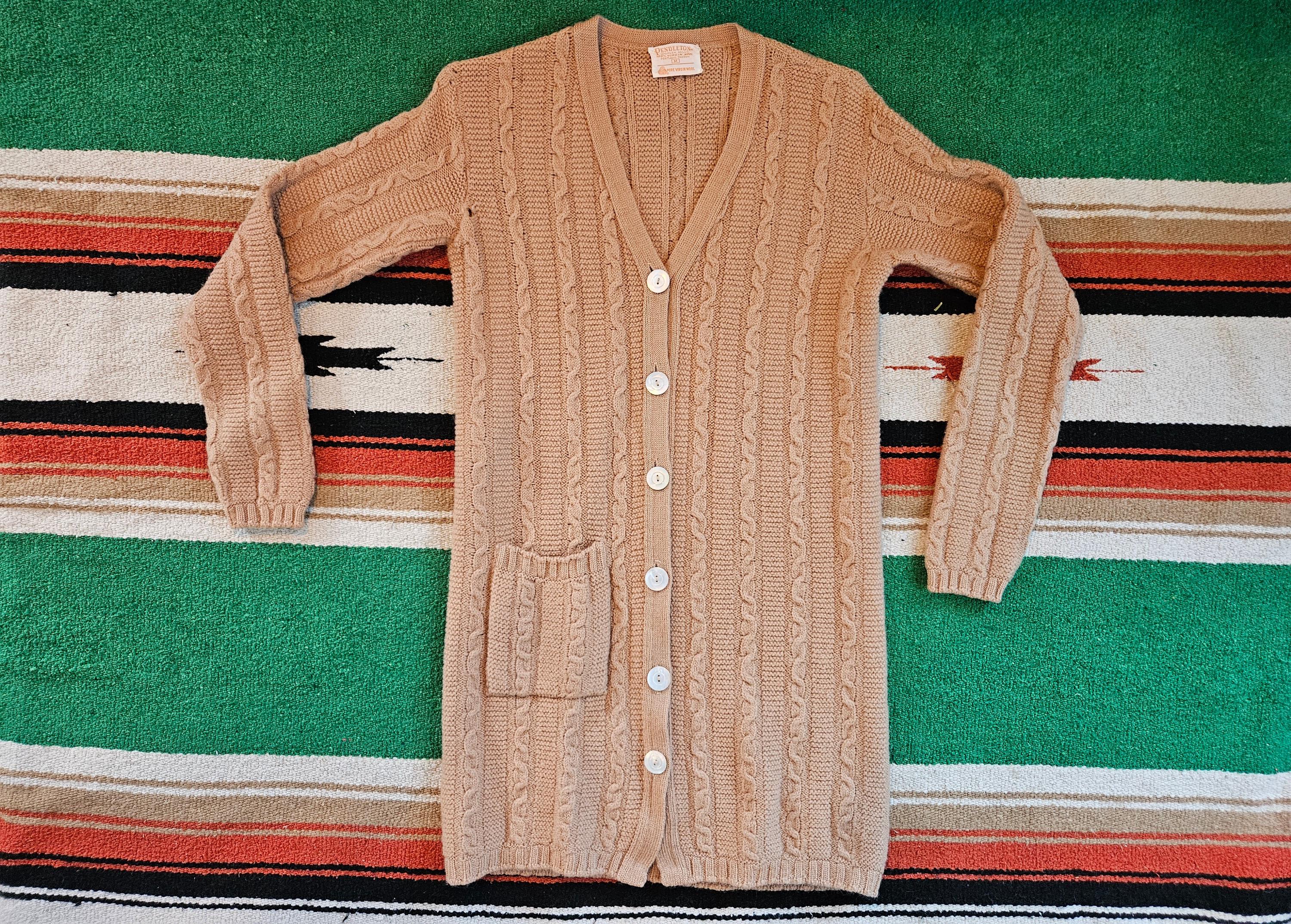Vtg 1980s Pendleton - Womens Medium Tan Cable Knit Long Cardigan 