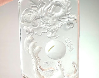 Quartz with Green Tourmaline Dragon and Phoenix – Hand-Carved Clear Pocket-Sized Crystal