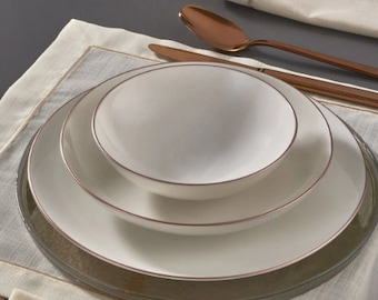 Güral Porselen Atina Dinner Copper Vaisselle - 18 pièces pour 6 personnes - Vaisselle complète en porcelaine blanche