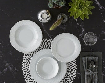 Service de table Güral Porselen Alfa - 24 pièces pour 6 personnes - Service de table complet en porcelaine blanche