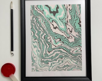 ORIGINAL Suminagashi Ink Art 9x12 on Mulberry Paper, Handmade Japanese Marbled Painting, Green Grey Zen Abstract One of a Kind Japandi Decor
