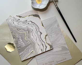 Marbled Greeting Cards Handmade - Abstract Minimalist Watercolor Postcard Set, Thank You Card, Suminagashi Unique Art Cards in Gold Envelope