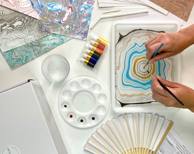 DIY marbling art kit for kids, Montessori Homeschool Family activity, Notebook craft kit, Suminagashi stress relief Gift Box, Do-it-yourself