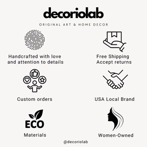 May include: Black and white illustration of a fingerprint, a hand holding a package, a person with a heart, thumbs up, and a star, a handshake, a leaf with the word ECO, and a woman's face. The text "decoriolab", "ORIGINAL ART & HOME DECOR", "Handcrafted with love and attention to details", "Free Shipping Accept returns", "Custom orders", "USA Local Brand", "Materials", "@decoriolab", and "Women-Owned" is also included.