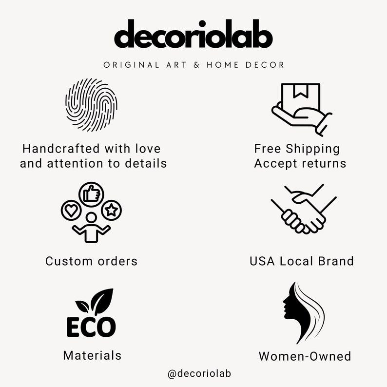 May include: Black and white illustration of a fingerprint, a hand holding a package, a person with a heart, thumbs up, and a star, a handshake, a leaf with the word ECO, and a woman's face. The text "decoriolab", "ORIGINAL ART & HOME DECOR", "Handcrafted with love and attention to details", "Free Shipping Accept returns", "Custom orders", "USA Local Brand", "Materials", "@decoriolab", and "Women-Owned" is also included.