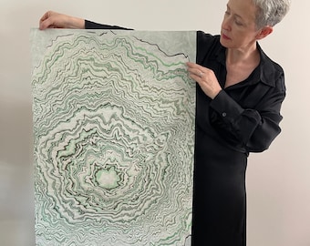 ORIGINAL Suminagashi Japanese Wall Art - Sage Green Wabi Sabi Marbling Art, Zen Wall Decor, Modern Large Fine Art, Unique Housewarming Gift