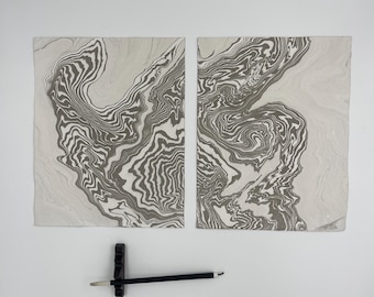 Original Japanese Suminagashi Diptych, Set of 2 11x14” Abstract Ink Paintings, Black White Marbling, Japandi Wabi Sabi Minimalist Wall Decor